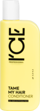 Żółta butelka ICE PROFESSIONAL Tame My Hair Conditioner do włosów matowych i puszących, widok z przodu.