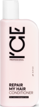 Jasnoróżowa butelka ICE PROFESSIONAL Repair My Hair Conditioner, widok z przodu, dla bardzo zniszczonych włosów, pH 3.5-4.5.