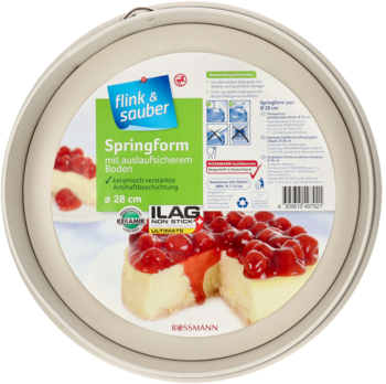 Beżowa tortownica Springform Flink & Sauber z wyjmowanym dnem, 28 cm, okrągła, widok z góry z etykietą.