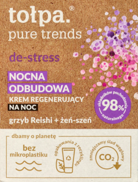 Krem tołpa. pure trends NOCNA ODBUDOWA z Reishi, w brązowym opakowaniu, widok z przodu, z fioletowym napisem.