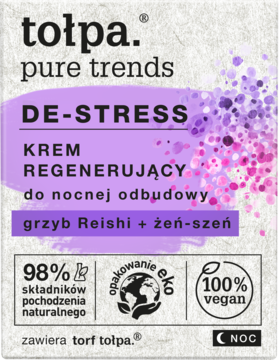 tołpa. pure trends DE-STRESS krem regenerujący na noc z Reishi, żeń-szeniem, białe opakowanie.