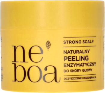 Peeling enzymatyczny Neboa Strong Scalp do skóry głowy w żółtym słoiczku z napisem 'neboa', widok z przodu.