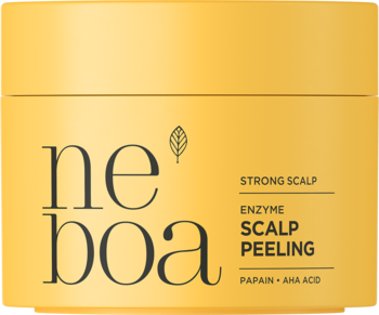 Żółty słoiczek Neboa Strong Scalp Enzymatyczny Peeling do skóry głowy z papainą, widok z przodu, czarne napisy.