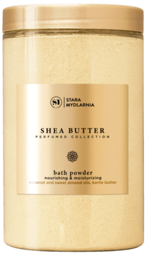 Stara Mydlarnia Shea Butter perfumowany puder do kąpieli w transparentnym słoiku ze złotą etykietą.