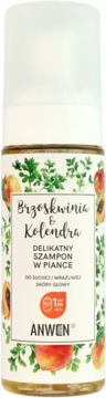 Anwen Brzoskwinia & Kolendra delikatny szampon w piance, biała butelka z etykietą brzoskwiń i liści, widok z przodu.