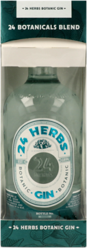 24 HERBS BOTANIC GIN bottle in teal packaging with "24 Botanicals Blend" text, front view.