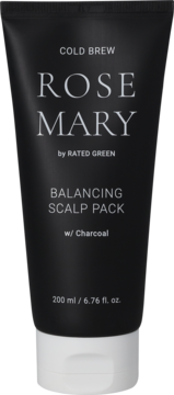 Czarny Rated Green Rose Mary Cold Brew Balancing Scalp Pack z węglem 200 ml, widok z przodu, biała nakrętka.