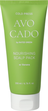 Zielona tubka Rated Green Avo Cado Nourishing Scalp Pack z bananem, 200ml, widok z przodu.