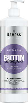 Srebrna butelka szamponu Revoss Biotin z retinolem, olejem różanym, na włosy wypadające, widok przodem.