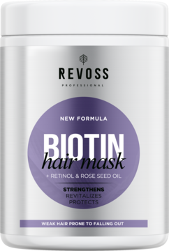 Maska Revoss Biotin Hair Mask z retinolem i olejem różanym w białej tubie, widok z przodu. Wzmacnia włosy.