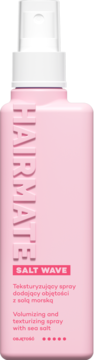 Różowy spray teksturyzujący Hairmate Salt Wave z solą morską, widok z przodu, z wytłoczonym logo.