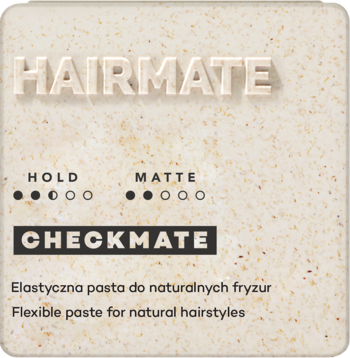 Hairmate Checkmate elastyczna pasta matująca w beżowym bloku, widok z przodu. Wskazuje poziom utrwalenia i matu.