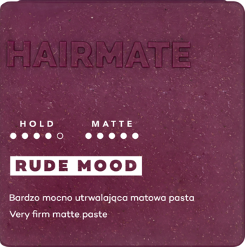 Ciemnopurpurowe opakowanie Hairmate Rude Mood, bardzo mocno utrwalającej matowej pasty do włosów, widok z przodu.