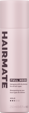 Pionowa butelka różowego lakieru HAIRMATTE FULL MOON z suchym szamponem, widok z przodu, na jasnym tle.
