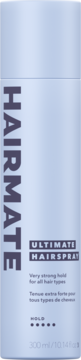 Hairmate Ultimate Hairspray, 300ml, jasnoniebieska butelka, mocne utrwalenie, do wszystkich włosów, widok z przodu.