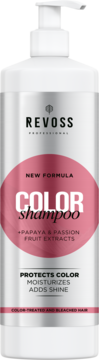 Revoss Color Shampoo w srebrnej butelce z pompką, widok z przodu. Zawiera ekstrakty z papai i marakui, chroni kolor.