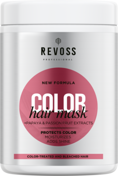 Biała maska Revoss Color Hair Mask z papają i marakują do włosów farbowanych i rozjaśnianych, widok z przodu.