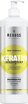 Revoss Professional Keratin Shampoo z niacynamidem i pantenolem, biała butelka z pompką. Regeneruje. Widok z przodu.