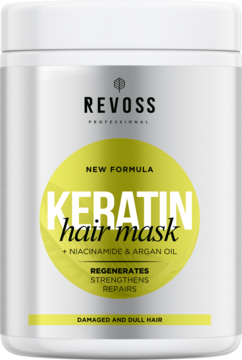 Biała maska do włosów Revoss Professional Keratin z niacynamidem i arganem, żółte logo, widok z przodu.