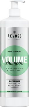 Biało-srebrna butelka Revoss Volume Shampoo z pompką, aloes i limonka, dla włosów cienkich, widok z przodu.