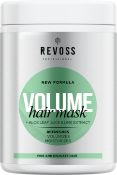 Revoss Professional Volume Hair Mask z aloesem i limonką, biały słoik z zieloną etykietą, widok z przodu.