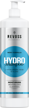 Revoss Hydro Shampoo nawilżający do suchych włosów. Biała butelka z pompką, niebieska etykieta, kwas hialuronowy.