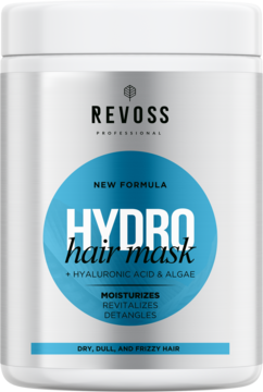 Revoss Hydro Hair Mask z kwasem hialuronowym w białym słoiku, niebieska etykieta dla włosów suchych, przód.