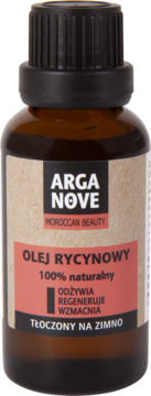 ARGA NOVE Olej rycynowy 100% naturalny, w ciemnej szklanej butelce z czarną nakrętką. Etykieta beżowo-koralowa.