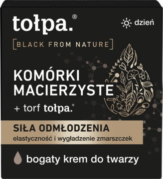 Tołpa krem na dzień z komórkami macierzystymi i torfem, czarne opakowanie. Widok z przodu, dla odmłodzenia i wygładzenia zmarszczek.
