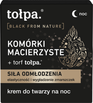 Czarny krem na noc Tołpa z komórkami macierzystymi i torfem, dla odmłodzenia i wygładzenia zmarszczek, widok z przodu.