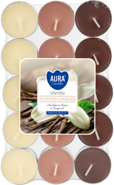 Zestaw 15 waniliowych świec Aura Candles tealight w 3 odcieniach brązu, w przezroczystej tacce, z etykietą.