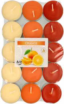 12 świec zapachowych w odcieniach kremu, pomarańczy i terakoty, w przezroczystym opakowaniu z etykietą "Orange".