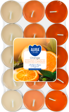 Zestaw pomarańczowych i beżowych tealightów zapachowych Aura w przezroczystym opakowaniu, z etykietą Orange Scented Candles.