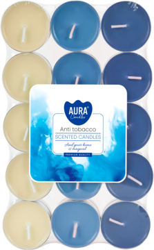 Zestaw 12 okrągłych świec Aura Candles antytabakowych, w beżowych i niebieskich odcieniach, w przezroczystym opakowaniu.