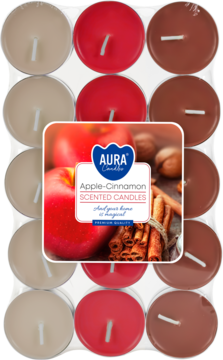 Opakowanie 18 tealightów Aura jabłko-cynamon w beżu, czerwieni, brązie, z etykietą produktu, widok z góry.