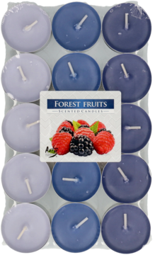 Zestaw 12 tealightów Forest Fruits: fioletowe i niebieskie świece w tacy, z etykietą leśnych jagód.