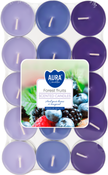 Zestaw 18 świec tealight Aura o zapachu owoców leśnych w odcieniach fioletu, w przezroczystym blistrze, widok z góry.