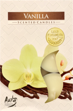 Opakowanie świec Aura o zapachu wanilii z żółtą orchideą i laskami wanilii, nagroda Laur Konsumenta.