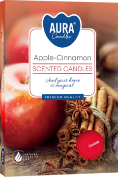 AURA Candles, świece zapachowe Jabłko-Cynamon. Widok na etykietę z jabłkiem, cynamonem i czerwoną świeczką.