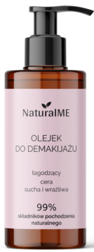 NaturalME olejek do demakijażu dla suchej cery w brązowej butelce z pompką, widok z przodu, różowa etykieta.