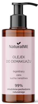 NaturalME olejek do demakijażu dla suchej cery w brązowej butelce z pompką, widok z przodu, różowa etykieta.