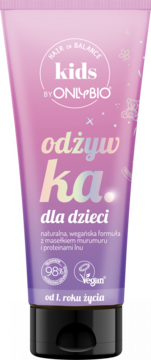 Różowo-fioletowa odżywka OnlyBio Hair in Balance Kids dla dzieci od 1. roku życia, widok z przodu.