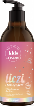 OnlyBio Kids żel pod prysznic Liczi i pomarańcza, dla dzieci, w brązowej butelce z pompką i kolorową etykietą.