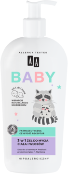 Hipoalergiczny żel do mycia AA BABY 3w1, biała butelka z pompką, dla dzieci od 1. dnia życia, widok z przodu.