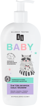 Hipoalergiczny żel do mycia AA BABY 3w1, biała butelka z pompką, dla dzieci od 1. dnia życia, widok z przodu.