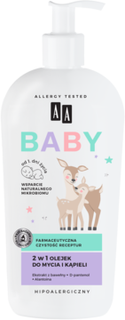 Olejek do mycia i kąpieli AA Baby 2w1 w białej butelce z pompką, widok z przodu, z jelonkami i napisem "BABY".