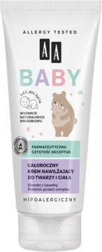 Biała tuba kremu nawilżającego AA BABY do twarzy i ciała dla dzieci, z misiem, widok z przodu.
