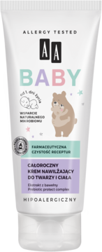 Biała tuba kremu nawilżającego AA BABY do twarzy i ciała dla dzieci, z misiem, widok z przodu.