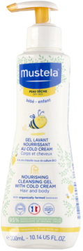 Front view of Mustela Nourishing Cleansing Gel with Cold Cream, 300ml white bottle with yellow pump.