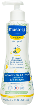 Mustela Odżywczy żel do mycia z Cold Cream 300ml do suchej skóry, biała butelka z pompką, widok z przodu.